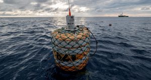 <p>A buoy fitted with a trackable transponder collects fishing data off the coast of West Africa. (Image: © <a href="https://media.greenpeace.org/archive/Buoy-Fitted-with-AIS-Connected-to-a-Longline-in-the-Atlantic-Ocean-27MZIFJ8RM5Z7.html">Tommy Trenchard /Greenpeace</a>)</p>