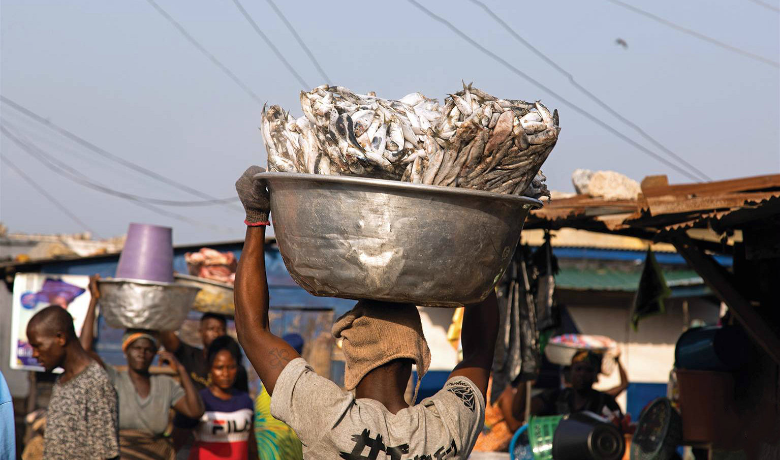 <p>Frozen slabs of saiko fish being offloaded at Elmina port. (Image: EJF)</p>