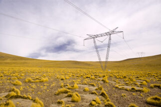 Power transmission towers in Chile's Atacama desert