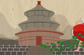 illustration woman banknotes Chinese building