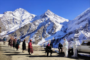 The four person medical team at Kwaring village of Lahaul tests for Covid-19 during winter in the high Himalayas [Image by: Rakesh Parihar]