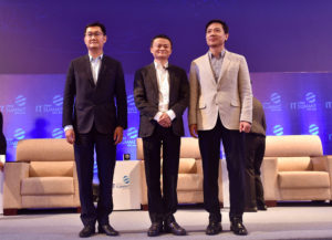 <p>Pony Ma, Jack Ma and Robin Li, of Tencent, Alibaba and Baidu, in 2017 (Image: Alamy)</p>