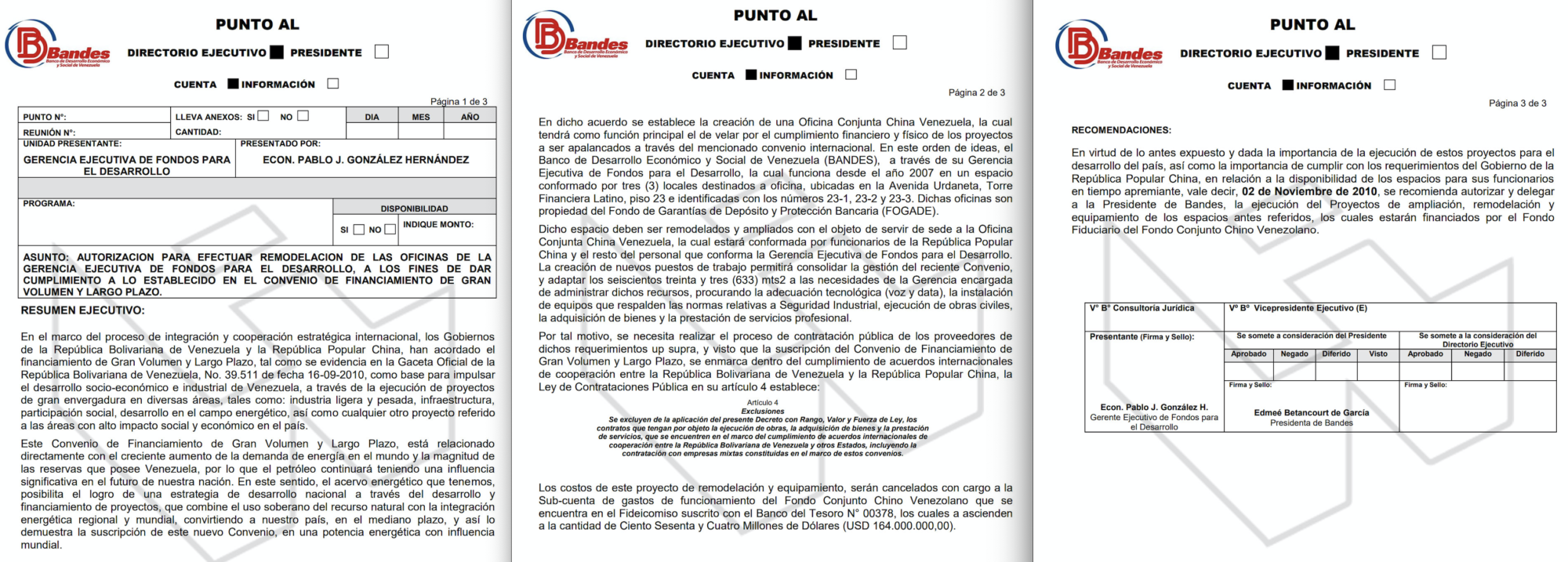 El documento que formalizó la ampliación y remodelación de la oficina del Fondo Chino