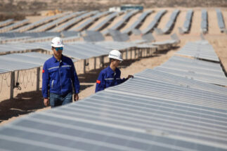 engineers inspect solar panels