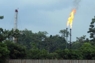 <p>Gás natural é queimado em uma usina de processamento de petróleo no rio Napo, perto do Parque Nacional de Yasuní, no Equador (imagem: Alamy)</p>