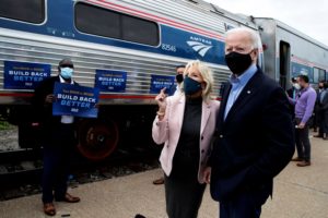 <p>Joe Biden and his wife Jill prepare to begin a campaign train tour in Cleveland, Ohio, September 2020 (Image: Mike Segar / Alamy) </p>