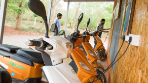 Electric scooters being charged at Auroville, Tamil Nadu, India