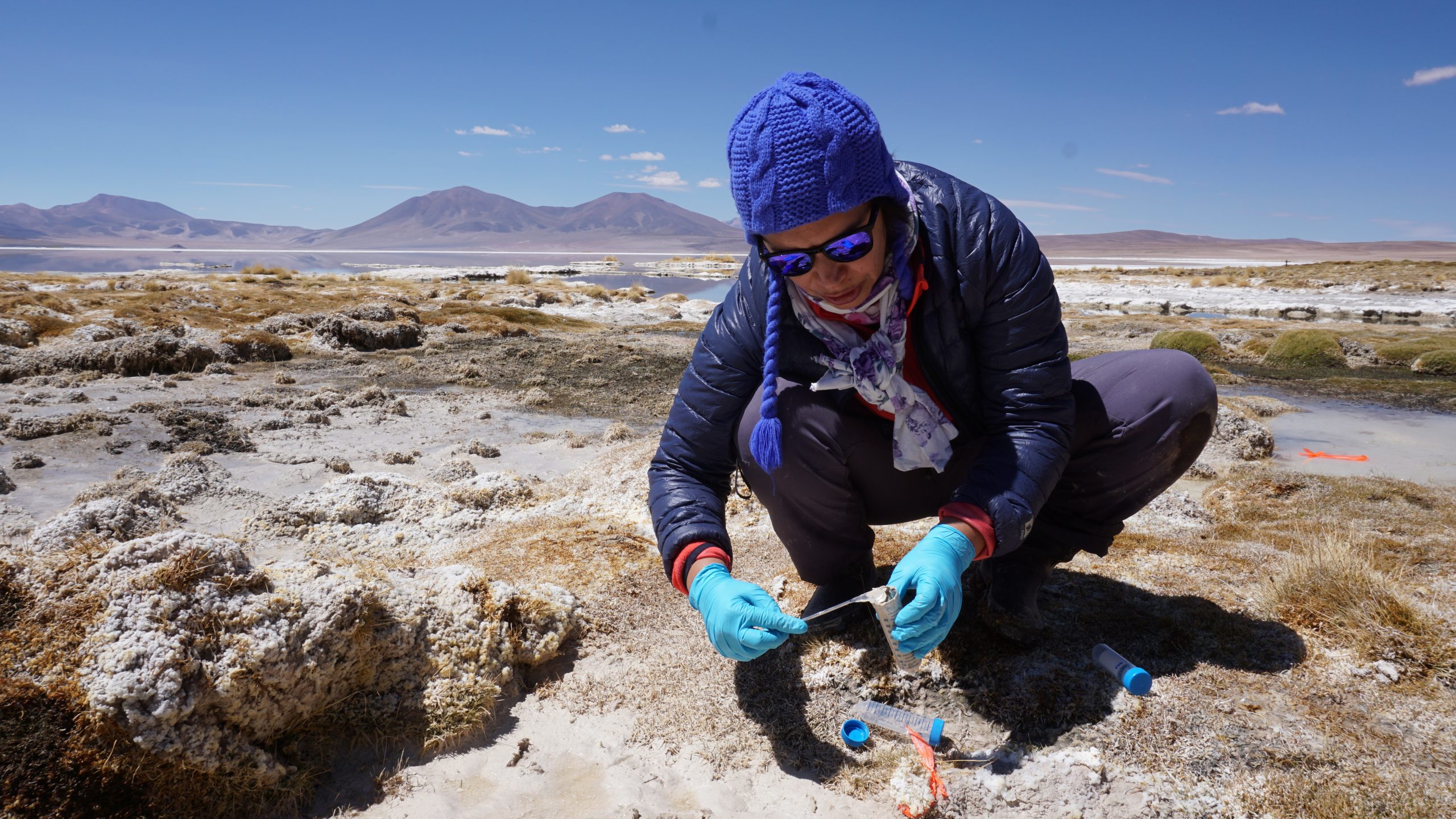 Cristina Dorador takes samples at the Huasco salt flat