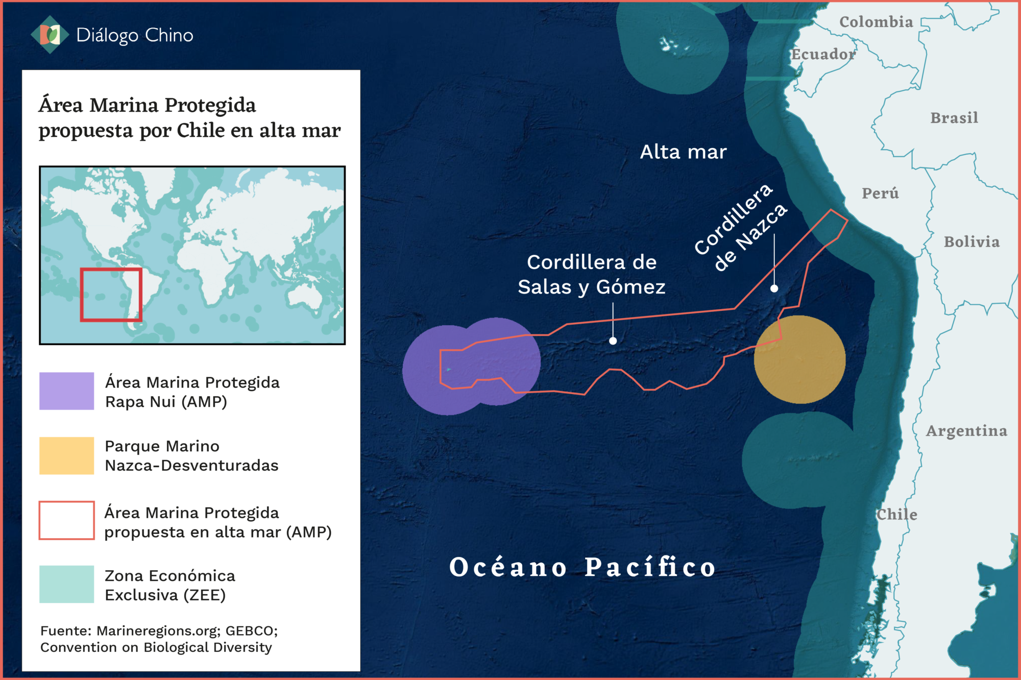 Mapa que muestra el área marina protegida propuesta por Chile en alta mar