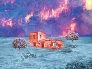 A collage illustration depicting climate change related disasters, Gautier Rebetez, 2021