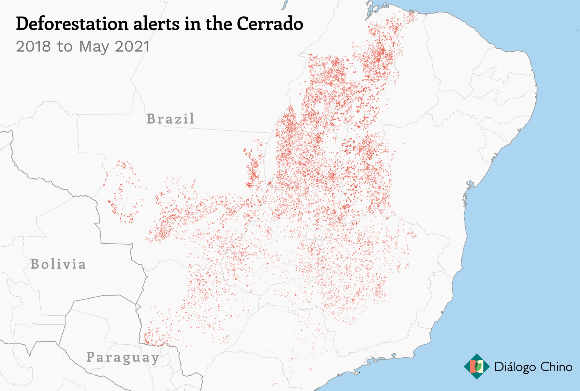 Map showing deforestation alerts in the cerrado