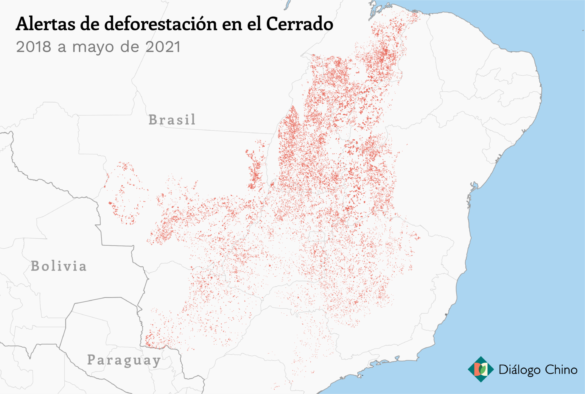 Mapa que muestra alertas de deforestación en el Cerrado