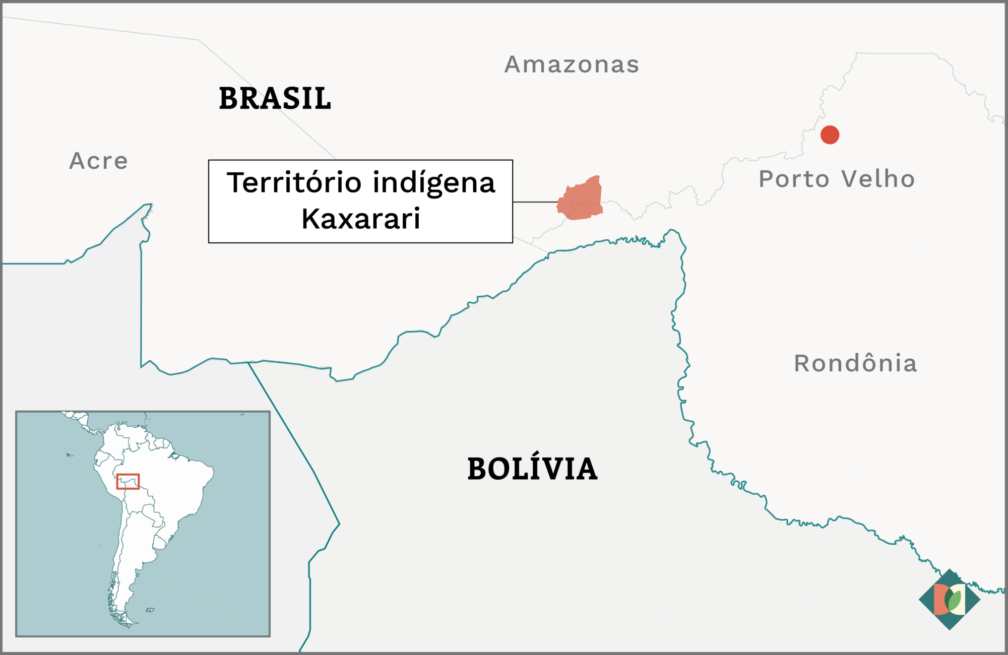 Mapa com a localização do território indígena do Kaxarari, localizado no sul do estado Amazonas, perto da fronteira com o estado de Rondônia. Castanha, castanha-do-pará, Brasil, China, sustentabilidade, mercado internacional, economia verde, Amazônia