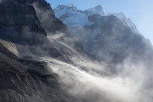 Dust and sand blowing on the Kanchenjunga Glacier in the Himalayas