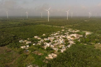 Dzilam de Bravo, Yucatán. - Aerial view of the Flamingos subdivision in the municipality of Dzilam de Bravo. This residential area is the closest to the Wind Farm that began operations at the end of 2018. Photo: Cuauhtémoc Moreno.