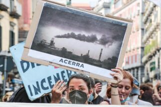A protestor calls for the closure of polluting power plants in a protest