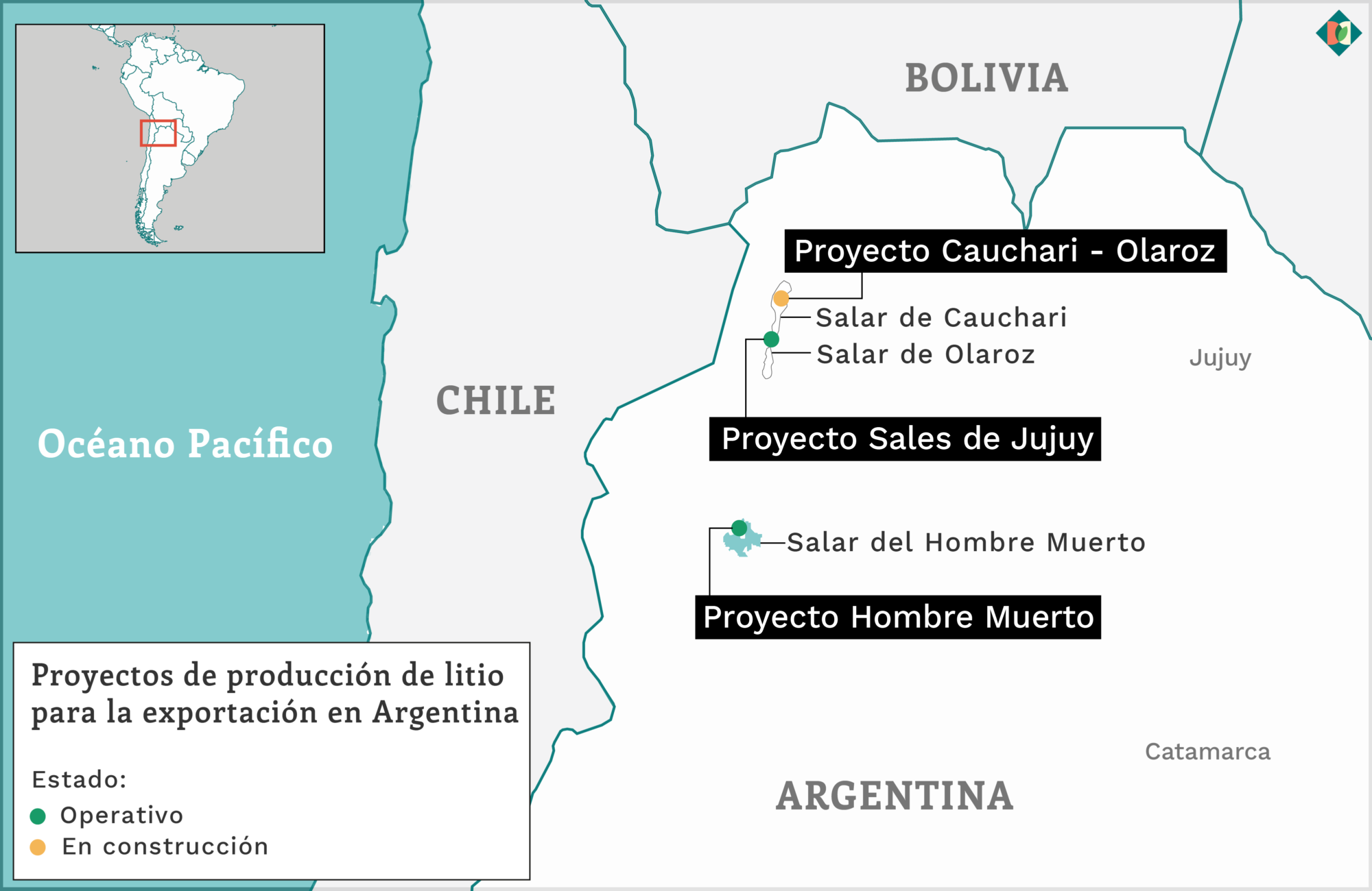 Mapa que muestra la ubicación de tres proyecto de litio en Argentina