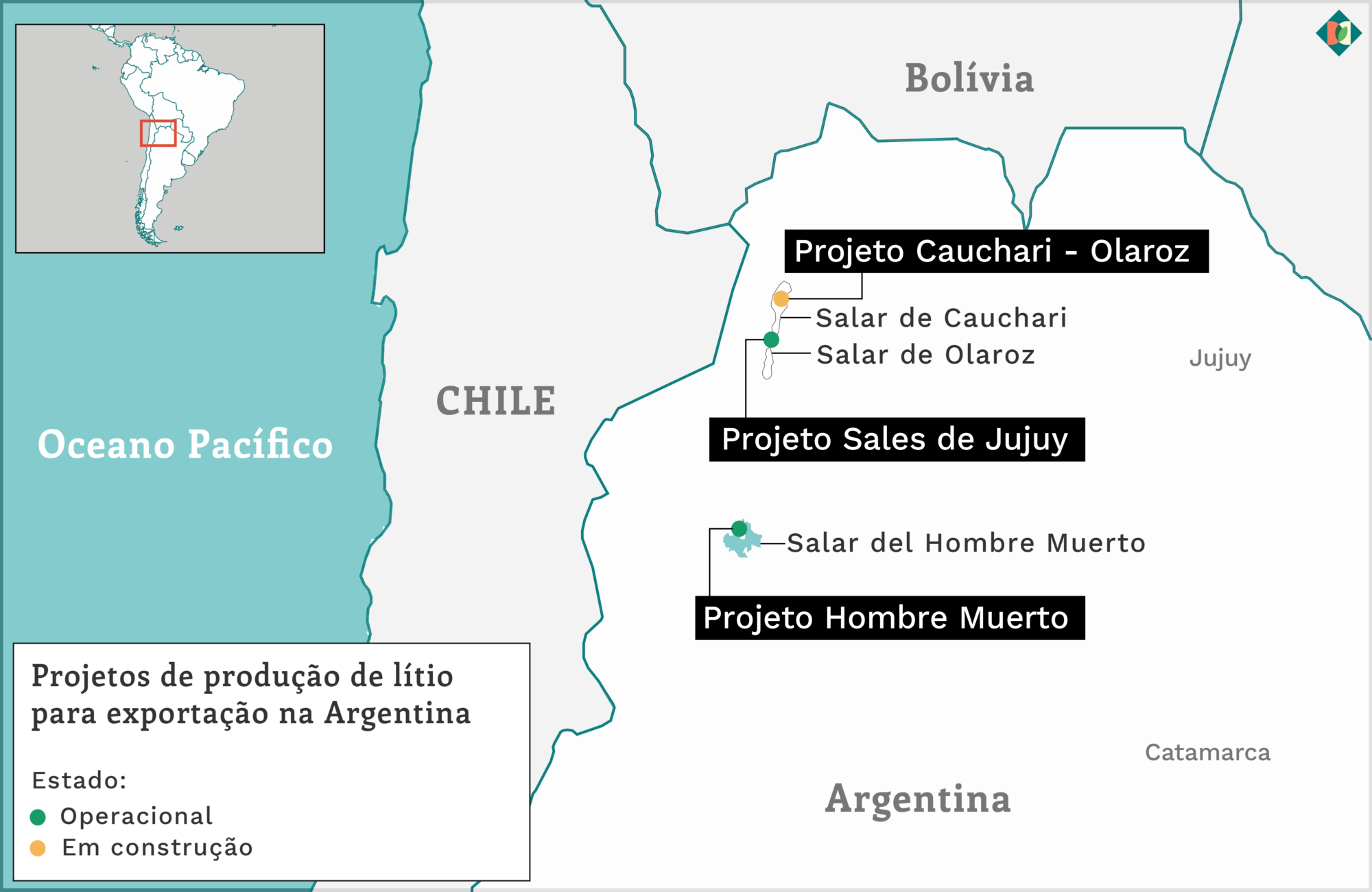 Mapa mostrando a localização de três projetos de lítio na Argentina