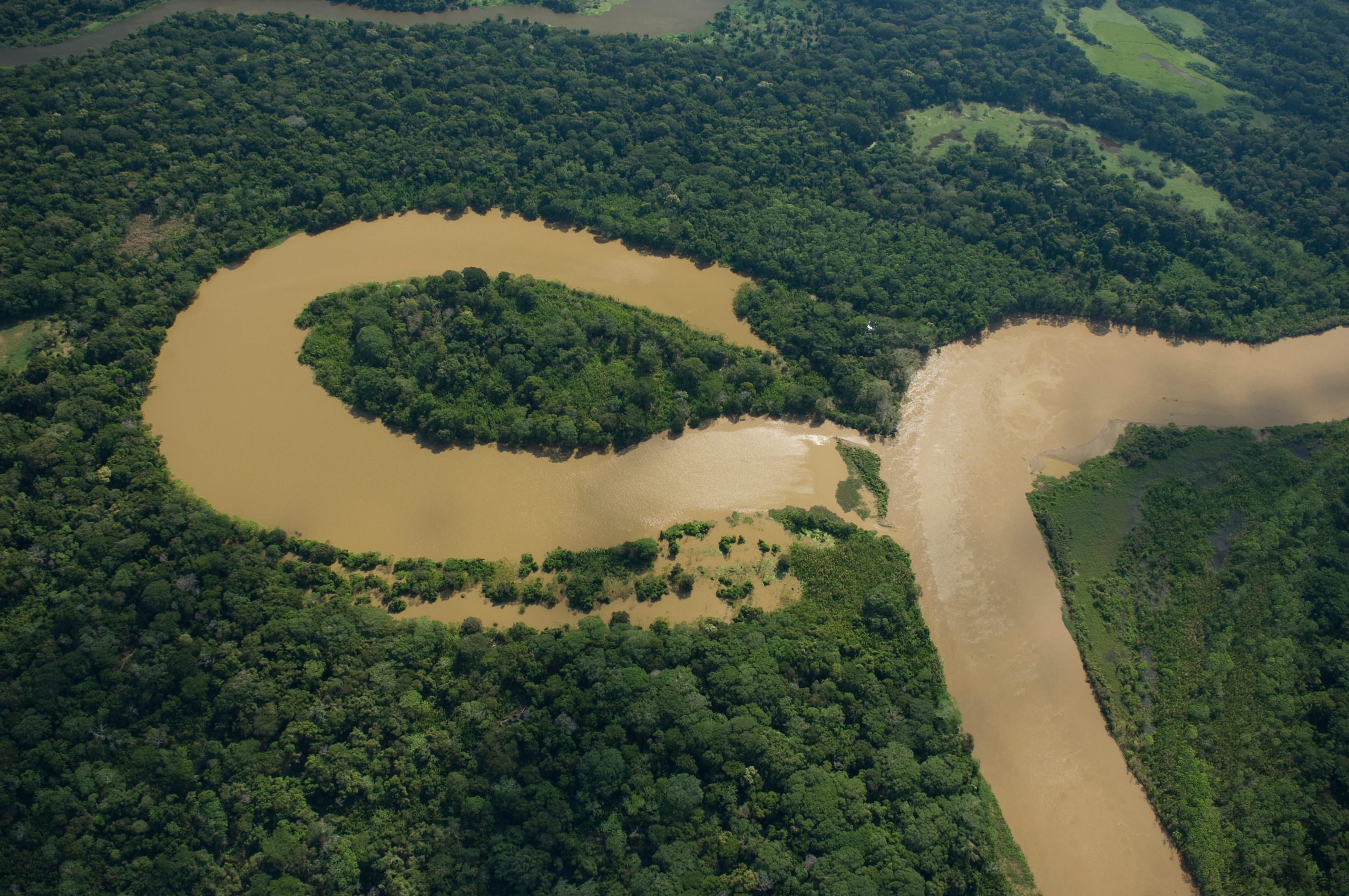 An aerial view of the meandering river in the Bolivian Amazon