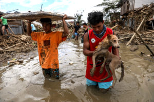 Loss and damage: A man with his pet dog wades through a flooded street with thick mud and debris following the onslaught of Typhoon Vamco