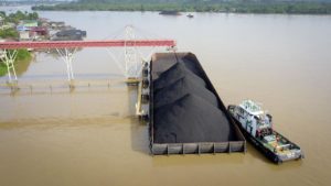 Coal Shipping in indonesia, loading the coal onto the barge aerial view