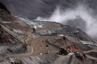 Aerial image of trucks operating at Barrick Gold’s Veladero gold mine in San Juan province, Argentina