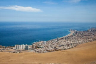Aerial view of the city of Iquique, between the Atacama Desert and the Pacific Ocean.