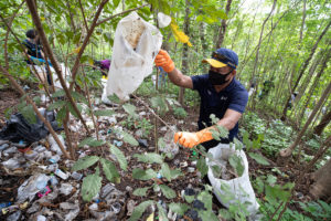 Male volunteer wearing rubber gloves collects plastic and other waste in a forest, Doi Suthep in Chiang Mai, Thailand.