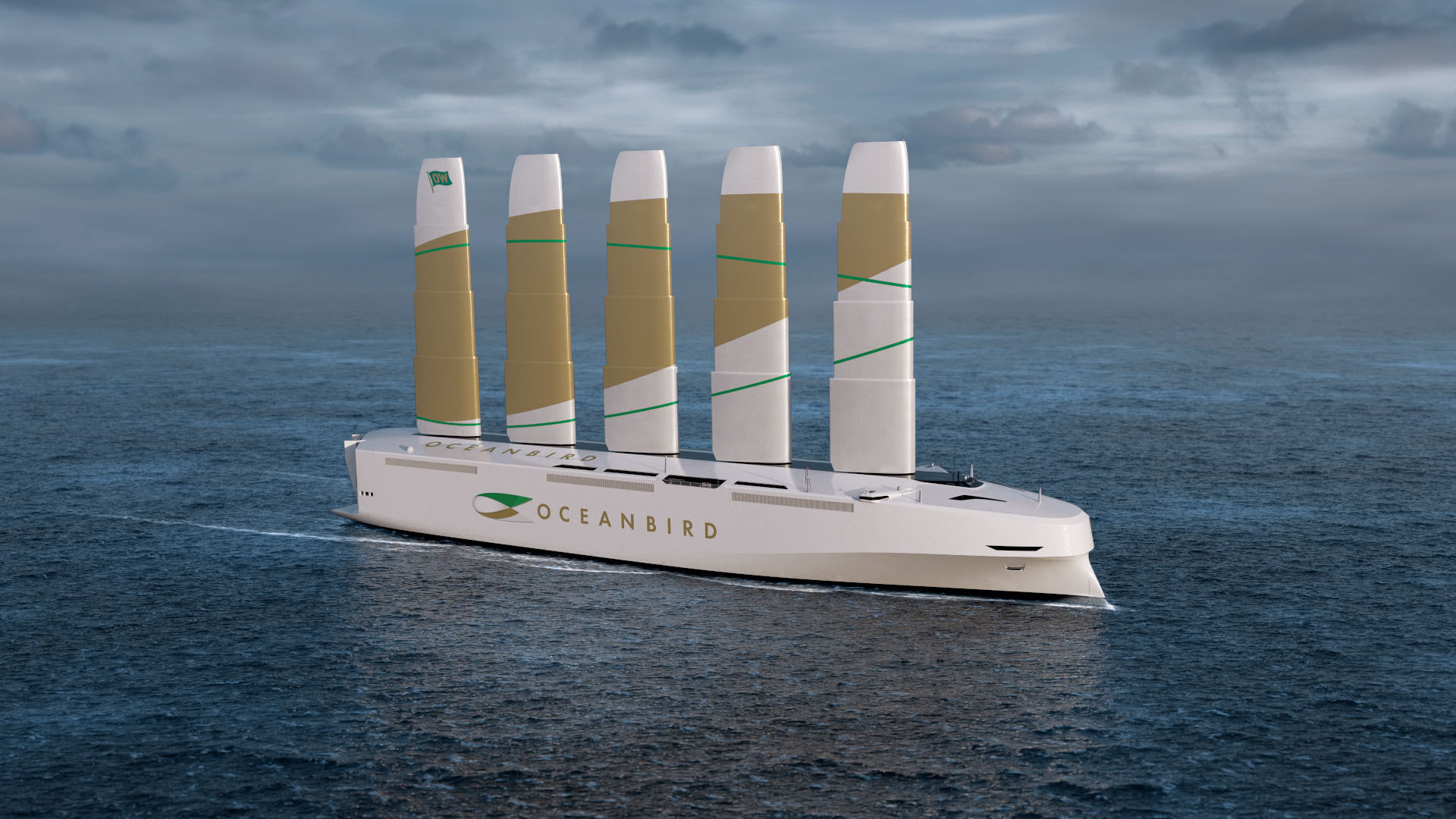 a concept of wind-powered cargo ship sailing on the ocean