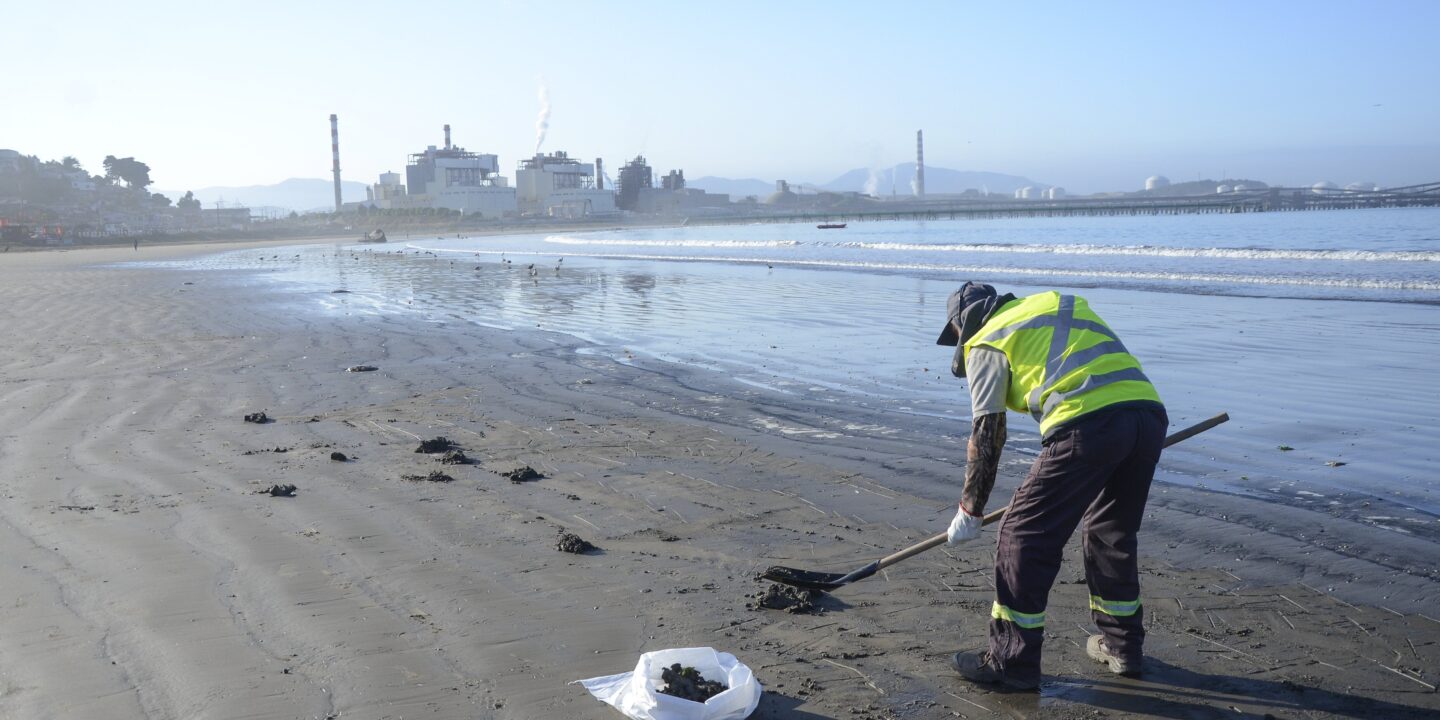 una persona limpiando una playa