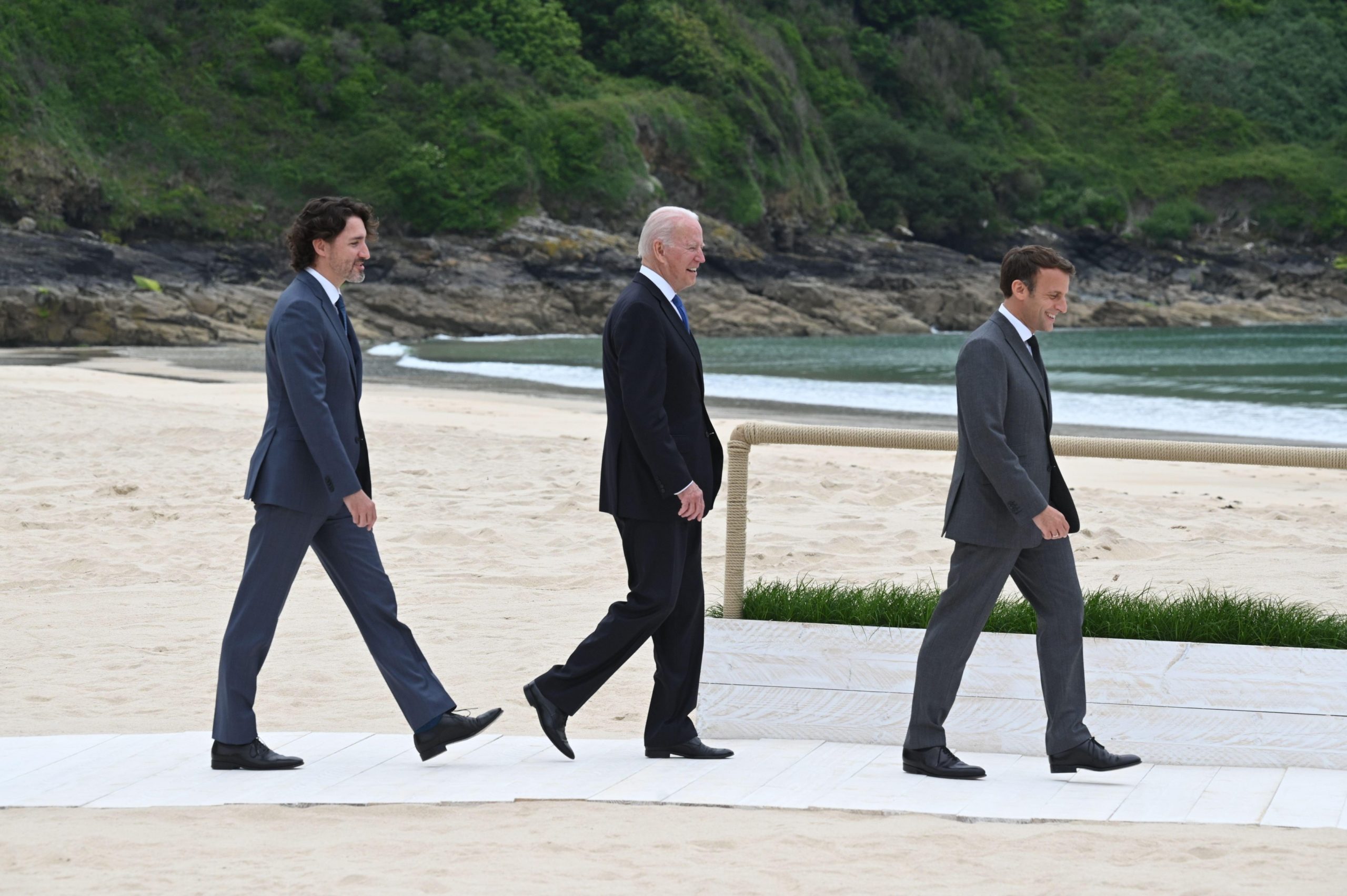 <p>Canada’s Justin Trudeau, the United States’ Joe Biden and France’s Emmanuel Macron at the G7 summit in June last year, where the B3W initiative was announced. The US has tried to rally G7 nations around the project, though it is unclear whether it can provide competition to China’s Belt and Road Initiative. (Image: Leon Neal / Alamy)</p>