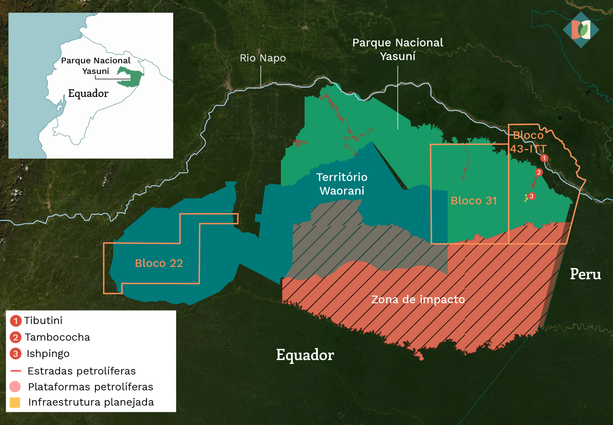 Mapa mostrando a localização do Parque Nacional Yasuní, dos blocos petrolíferos 22, 31 e 43-ITT, da zona de amortecimento e do território Waorani.