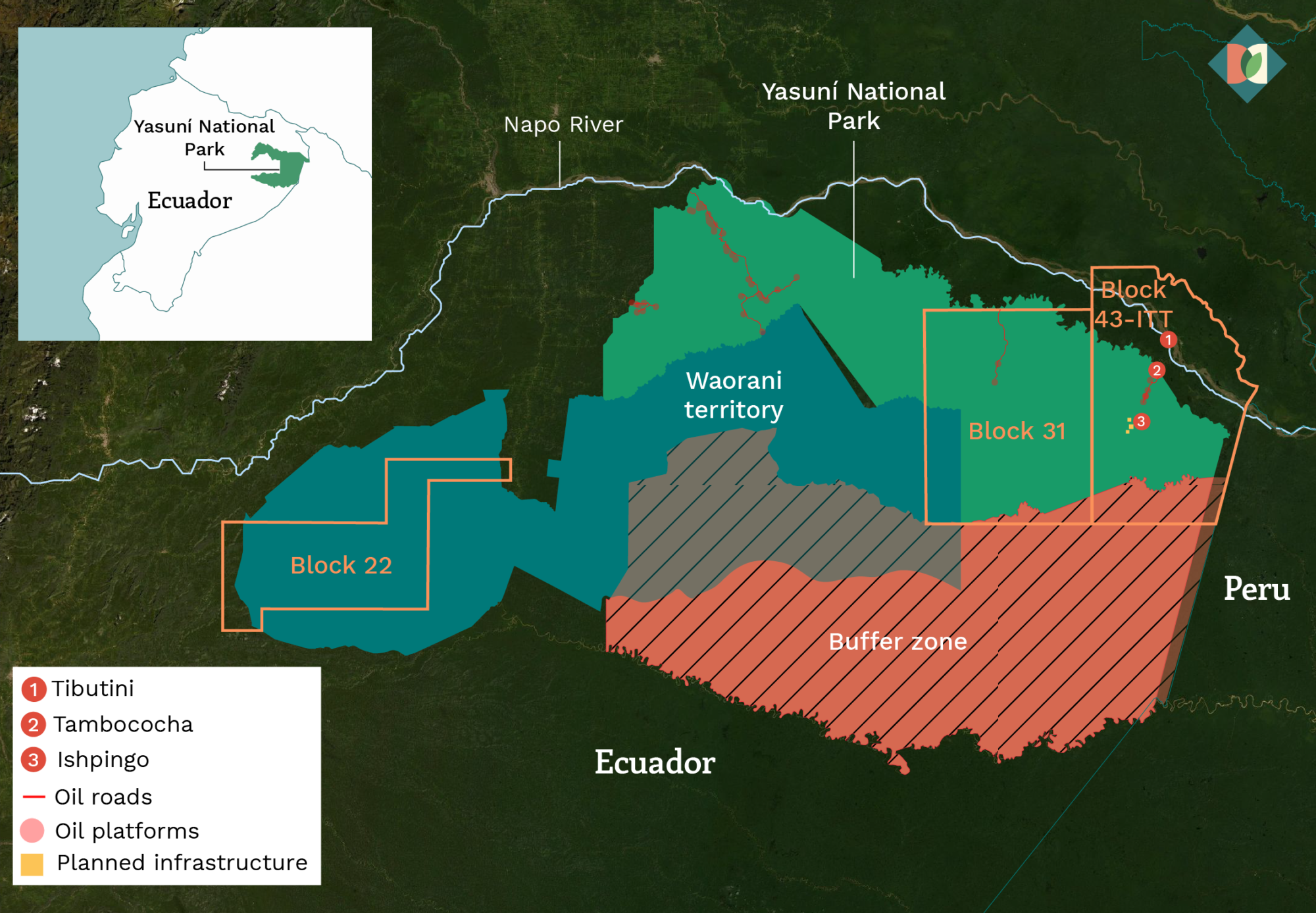 Map showing the location of Yasuní National Park, oil blocks 22, 31 and 43-ITT, the buffer zone and Waorani territory.