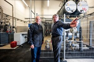 German chancellor Olaf Scholz visits a hybrid power plant where ‘green’ hydrogen is made using wind power and fed into the gas grid