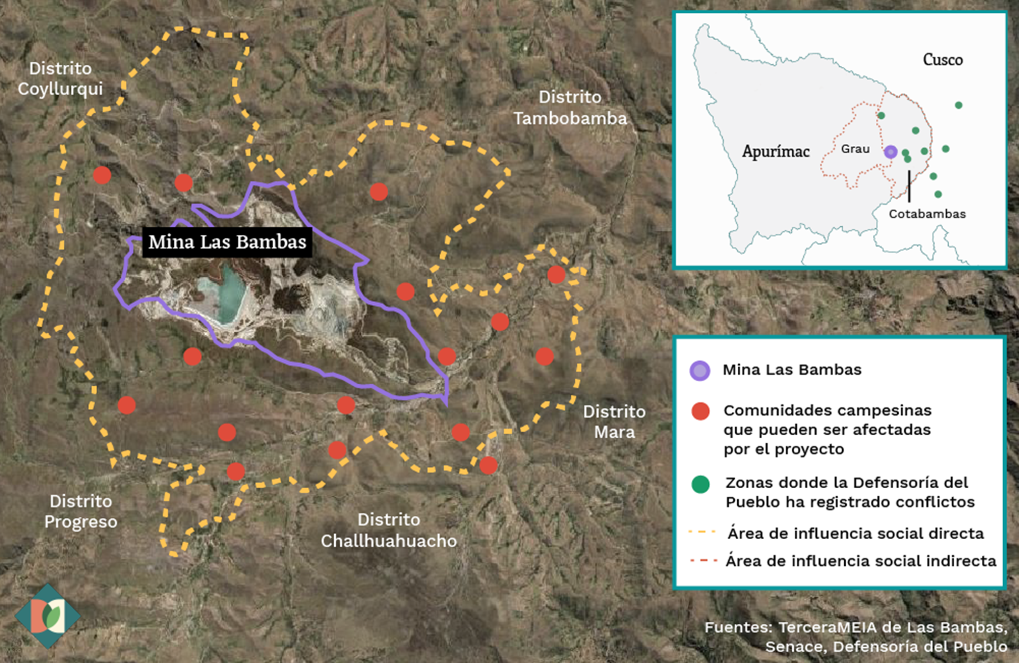 Mapa que muestra la ubicación de la mina Las Bambas y de las comunidades cercanas