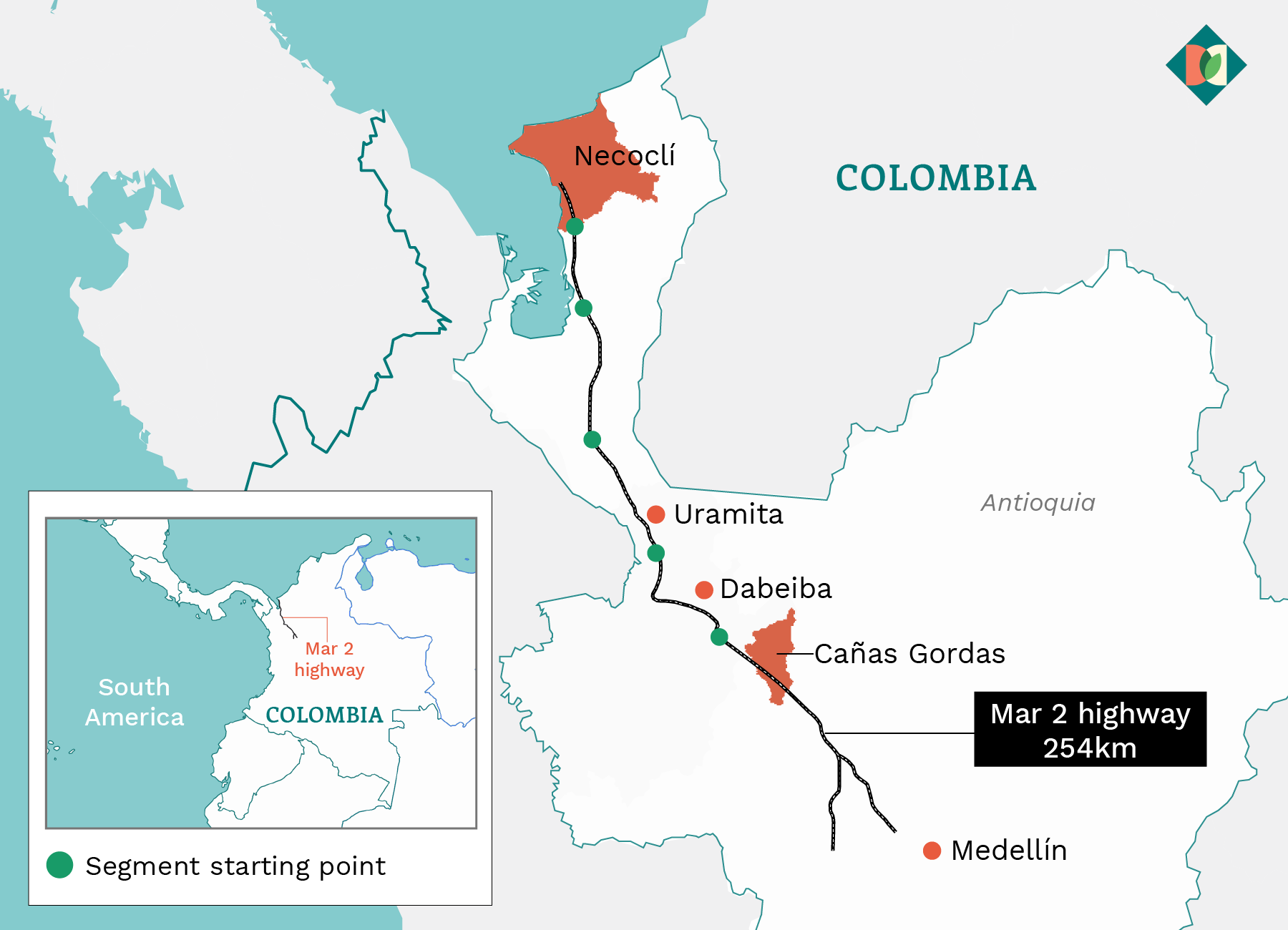 Map showing the location of the Mar 2 motorway in Colombia