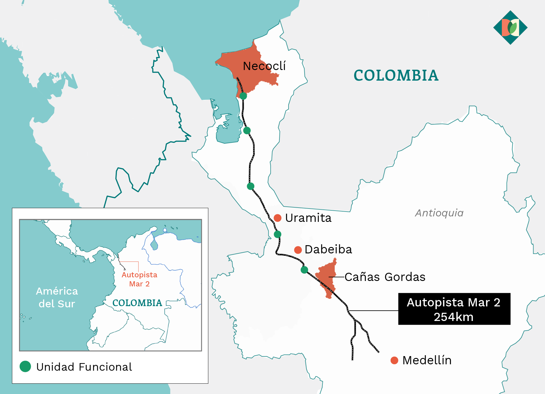 Mapa que muestra la ubicación de la autopista Mar 2 en Colombia