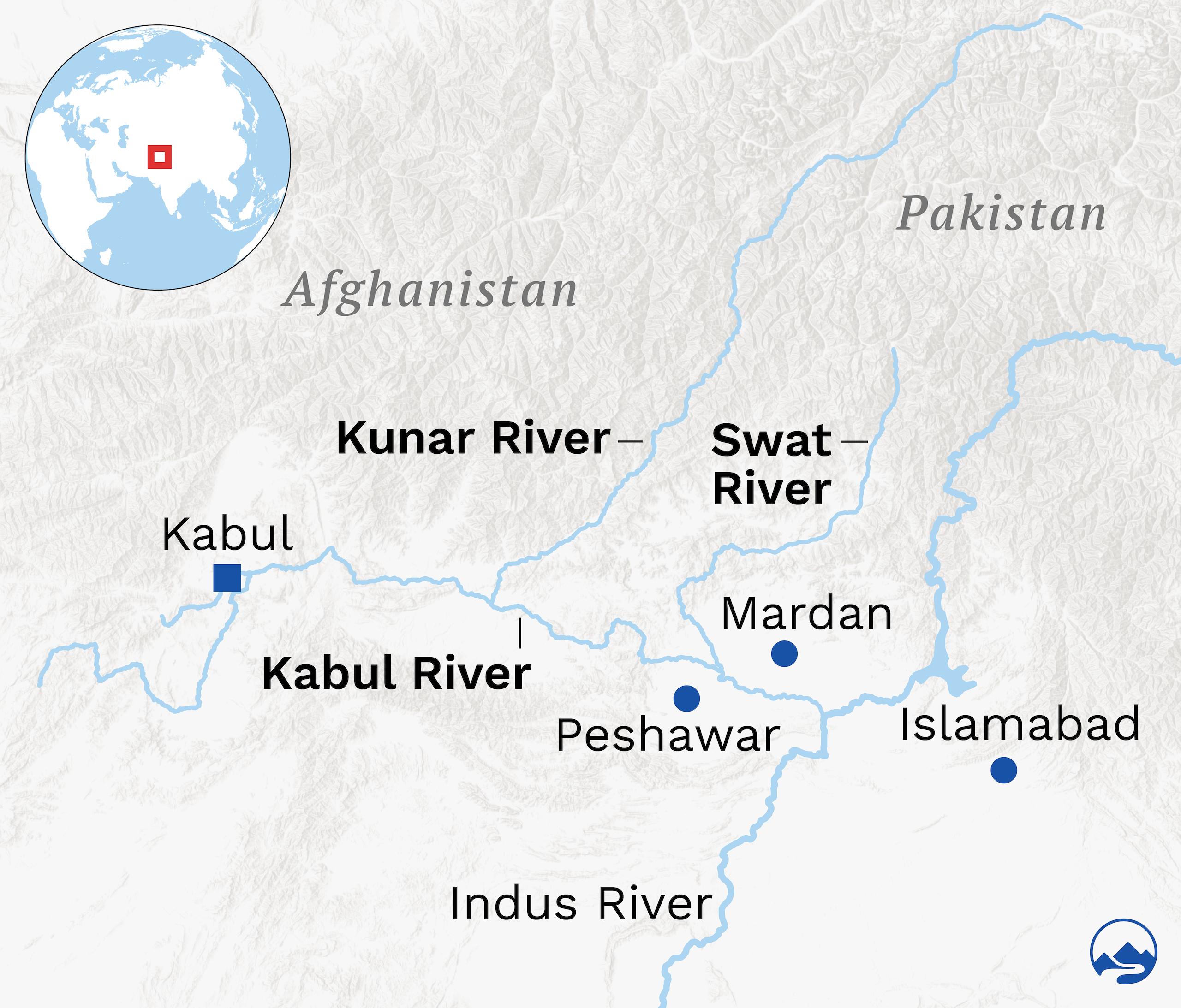 Kabul river and tributaries map, 
