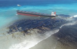 <p>The scene of an oil spill in the waters off Mauritius after MV Wakashio ran aground in July 2020 (Image © Jean Garrett)</p>