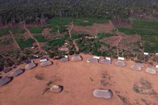 <p>An aerial view of the new Khikatxi village in the Wawi indigenous territory, in Brazil’s Mato Grosso state. The indigenous residents built the buildings from scratch after relocating. (Image: Flávia Milhorance / Diálogo Chino)</p>