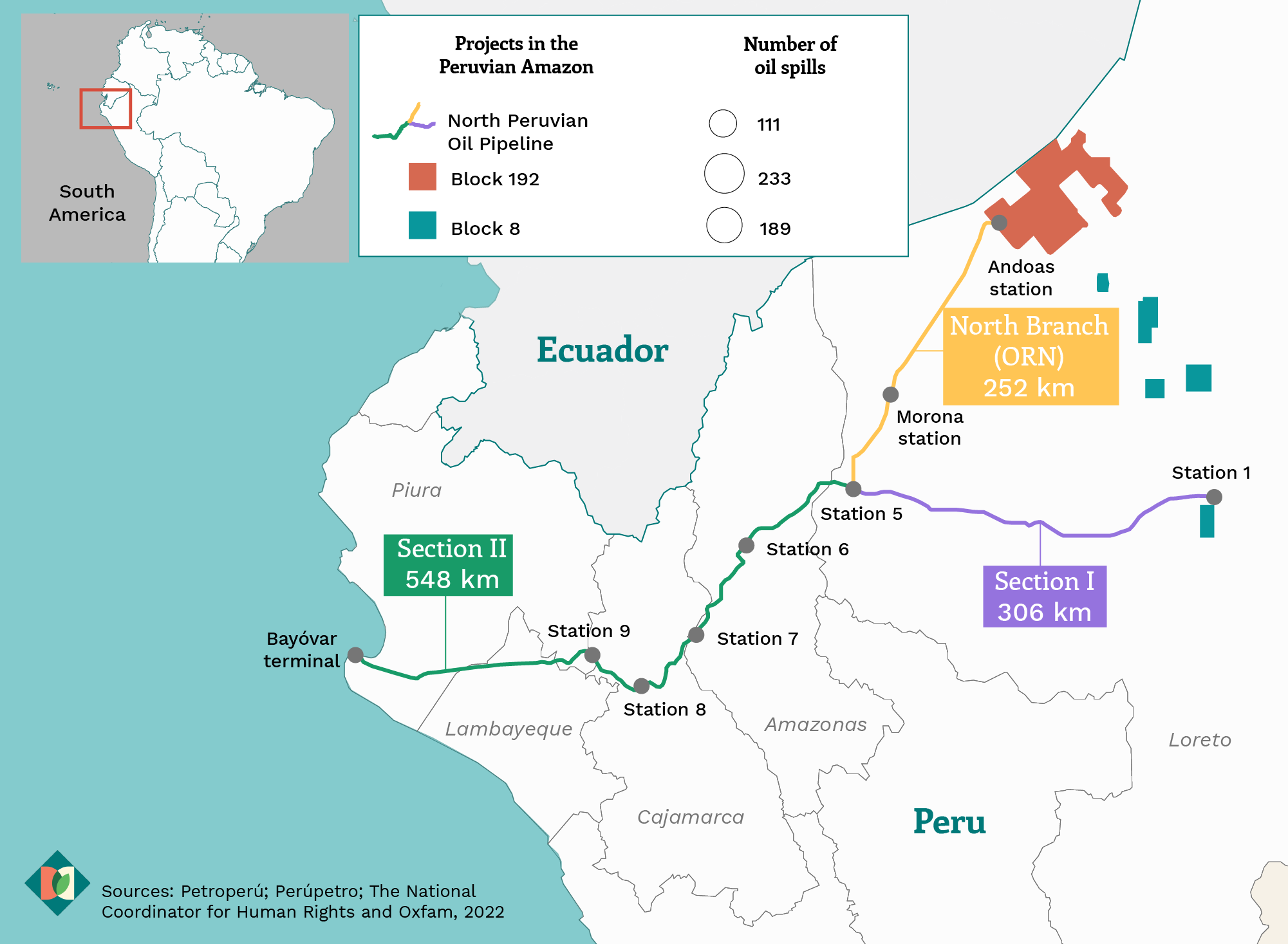 map showing the extent of the North Peruvian oil pipeline and oil spills