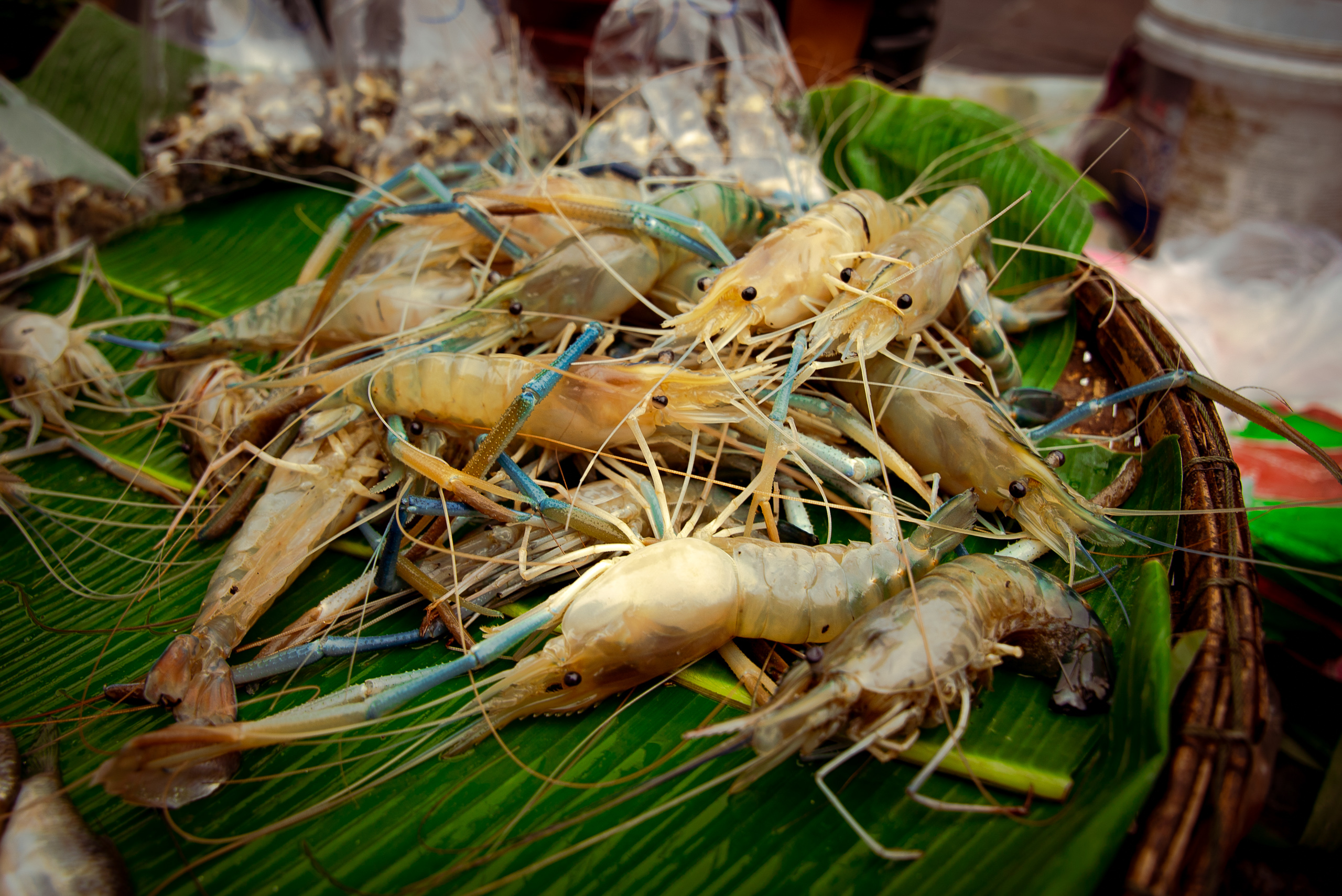 prawns on banana leaves