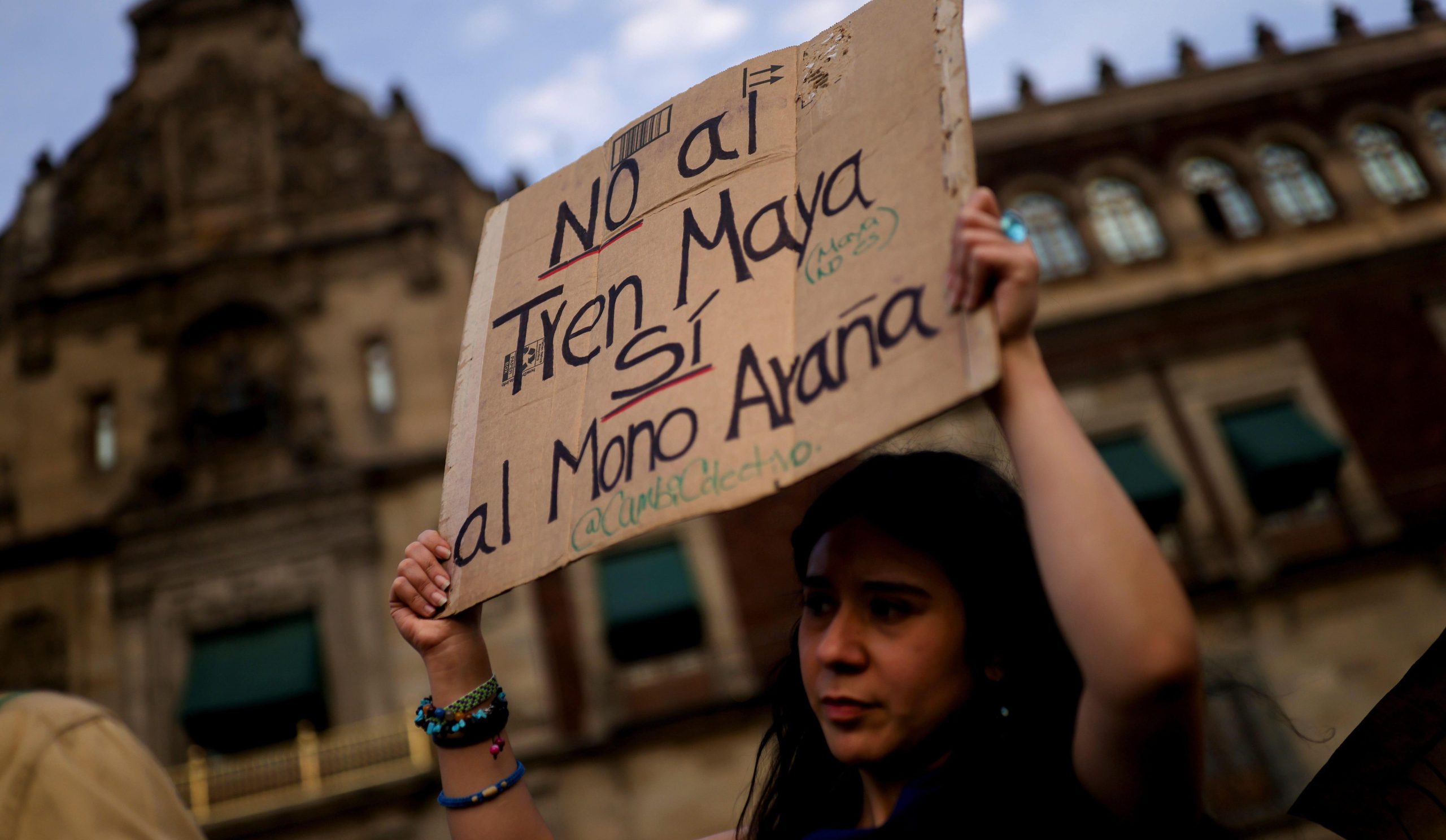 <p>‘No to the Mayan Train, yes to the spider monkey’, reads a sign at a protest in Mexico City against the controversial railway, March 2022. Environmentalists are concerned over the project’s threats to biodiversity on the Yucatán Peninsula. (Image: Edgard Garrido / Alamy)</p>