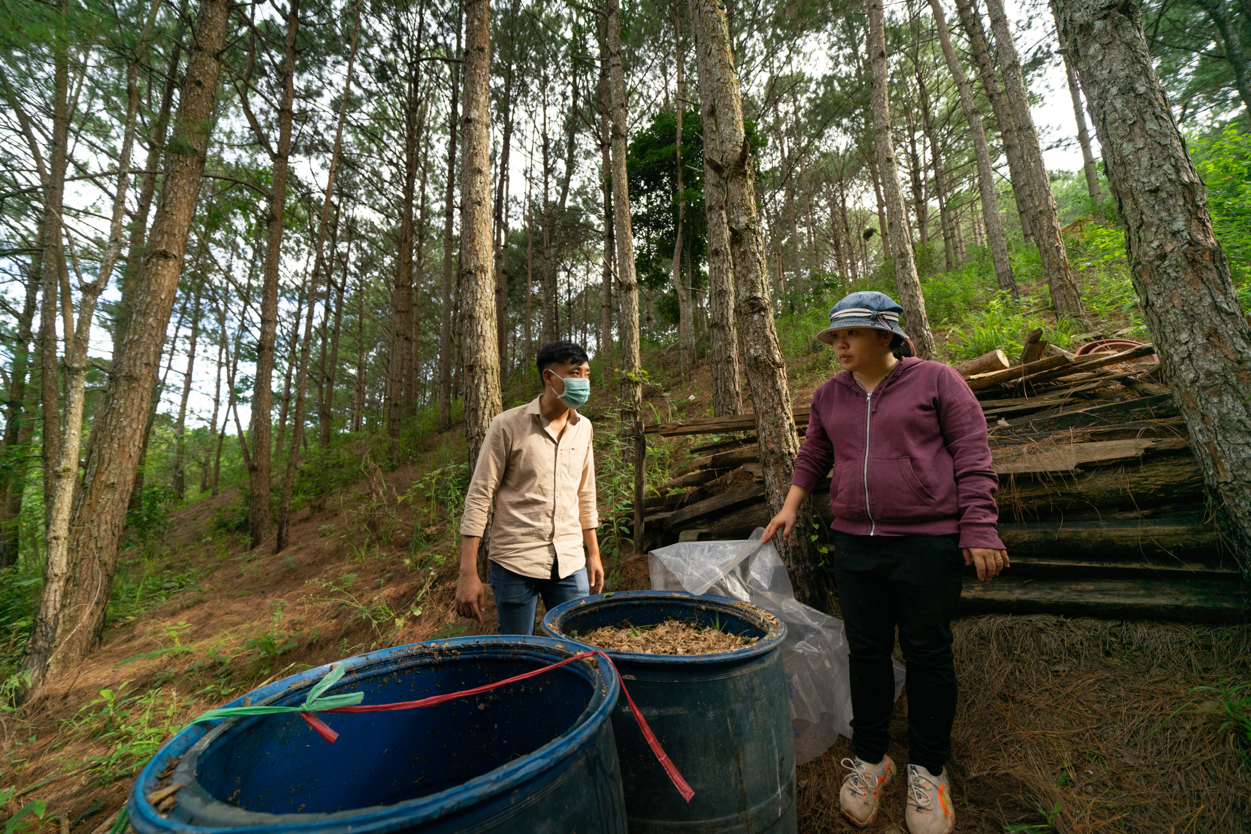 people standing near barrels in forest