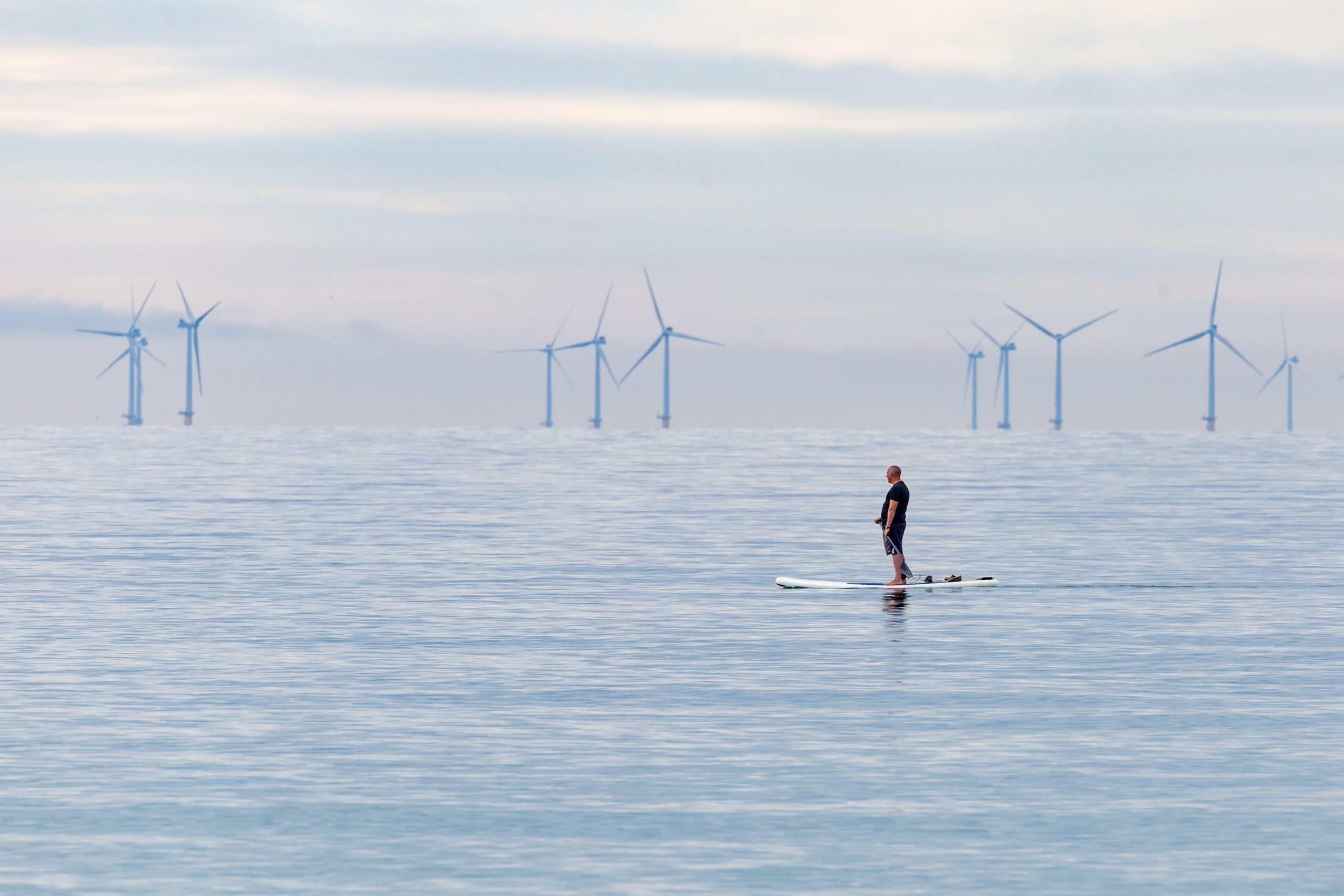 un hombre parado frente a un parque éólico marino offshore 