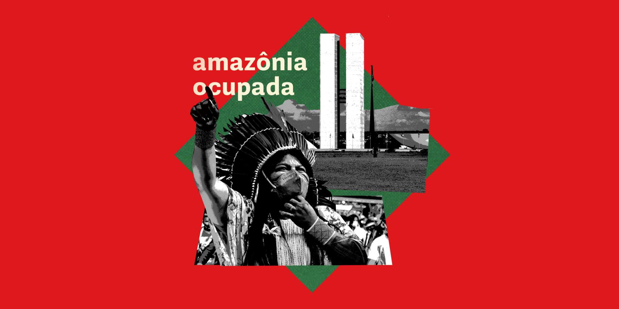graphic showing an indigenous person in traditional dress with the caption "Amazonía ocupada" 