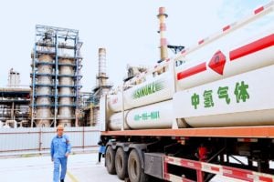 A vehicle loaded with hydrogen for fuel cells at sinopec Qingdao, Shandong, China