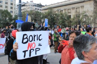 Una persona en una manifestación con un cartel que dice "Boric no al TPP"