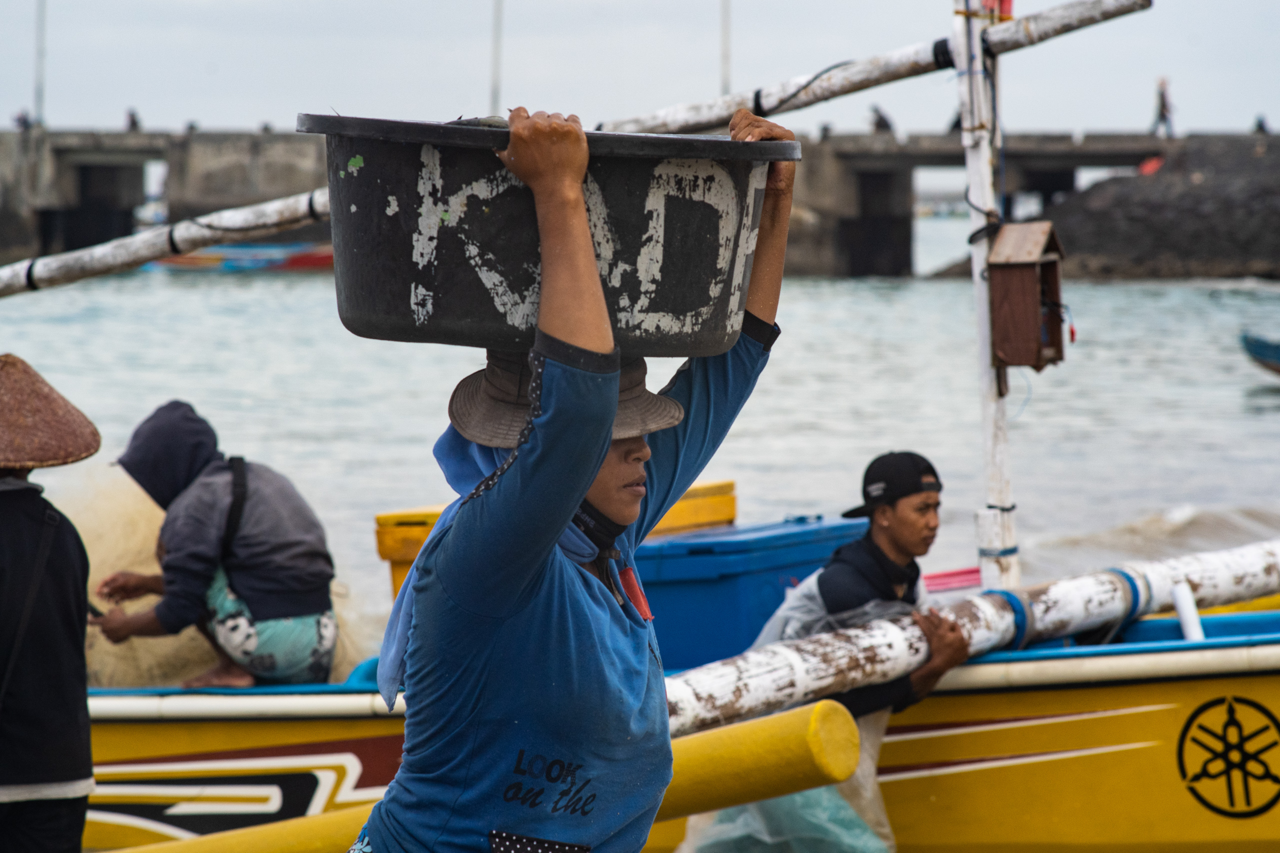 A woman in Bali, Indonesia transports a bucket of sardinella