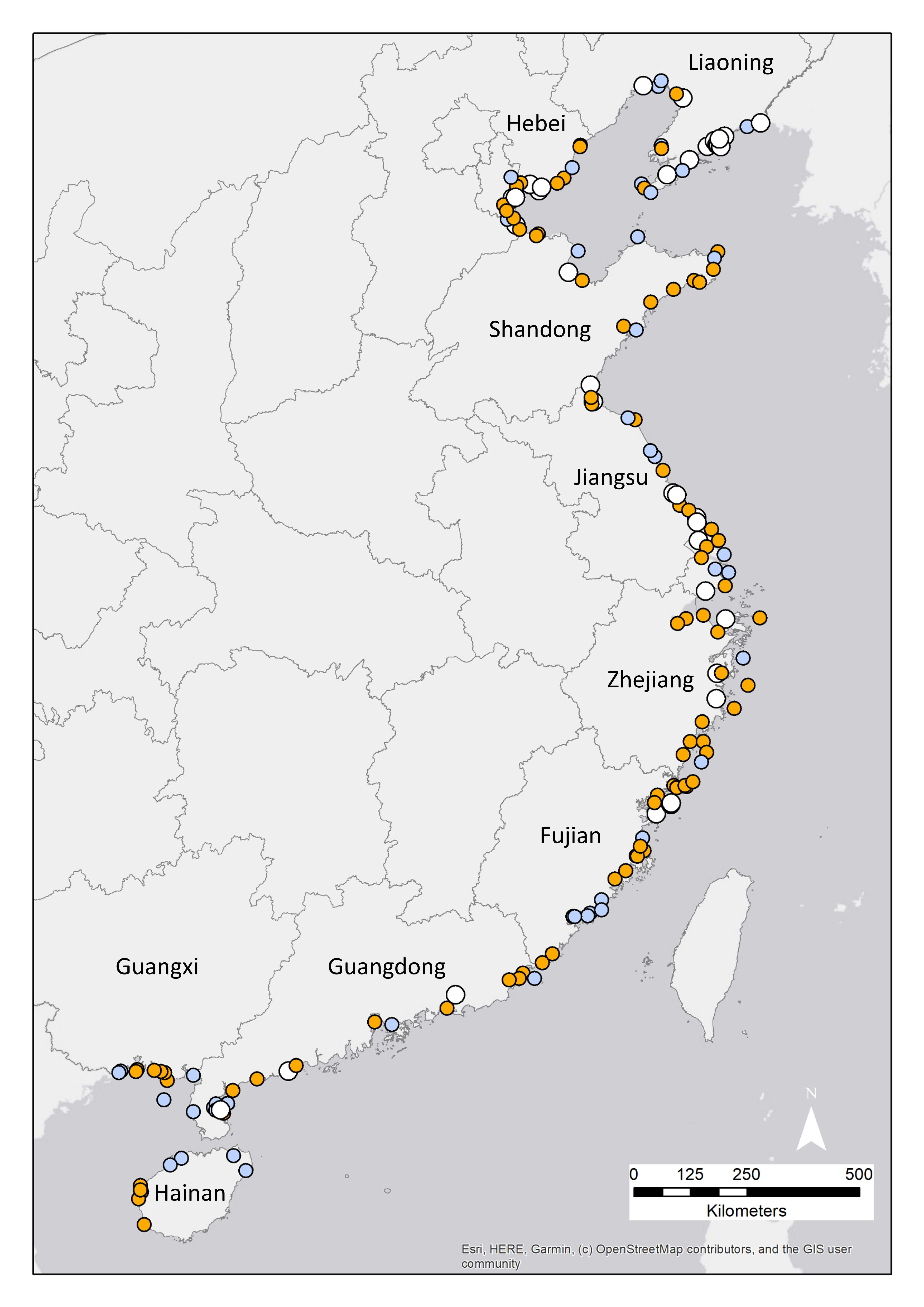 map of 172 coastal waterbird sites in coastal China, and their protection status